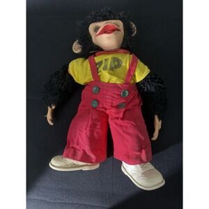 Vintage Rushton Zip Monkey Doll Rubber Face Plush Red Overalls Rare 1950s Toy